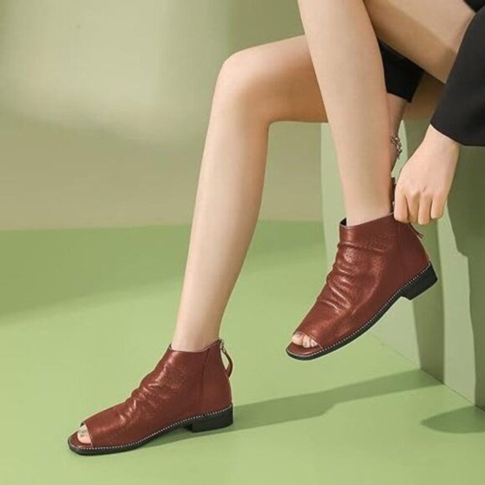FSJ Women Peep Open Toe Boots Slouchy Low Block Heel Ankle Booties Flats Sandal